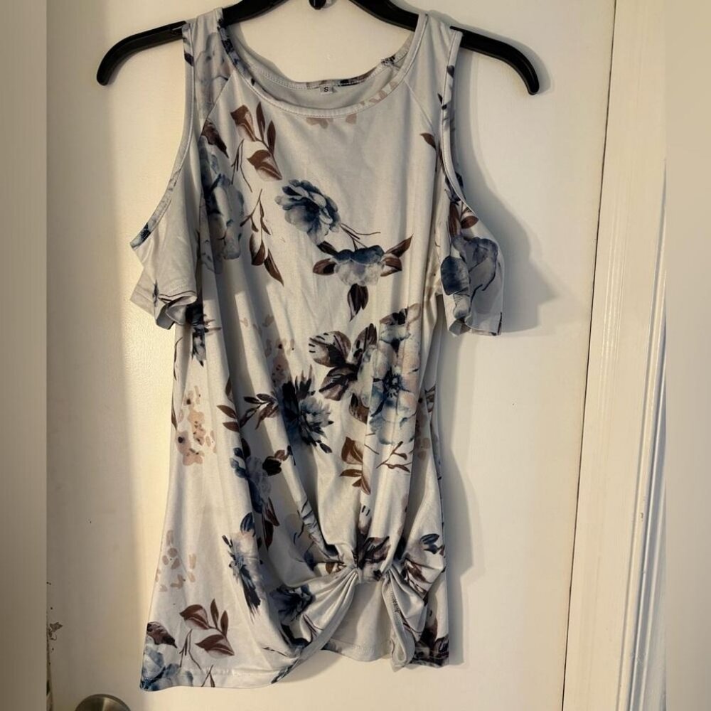 Floral Cold Shoulder Top - Blue and Brown